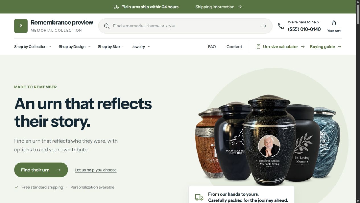 Default Remembrance shop with its green header and memorial collection