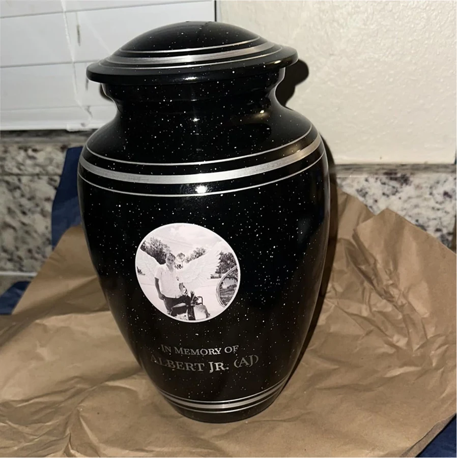 Personalized portrait urn photographed on packing paper