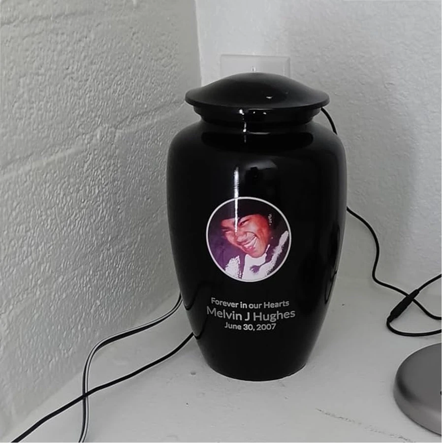 Personalized urn photographed on a tabletop