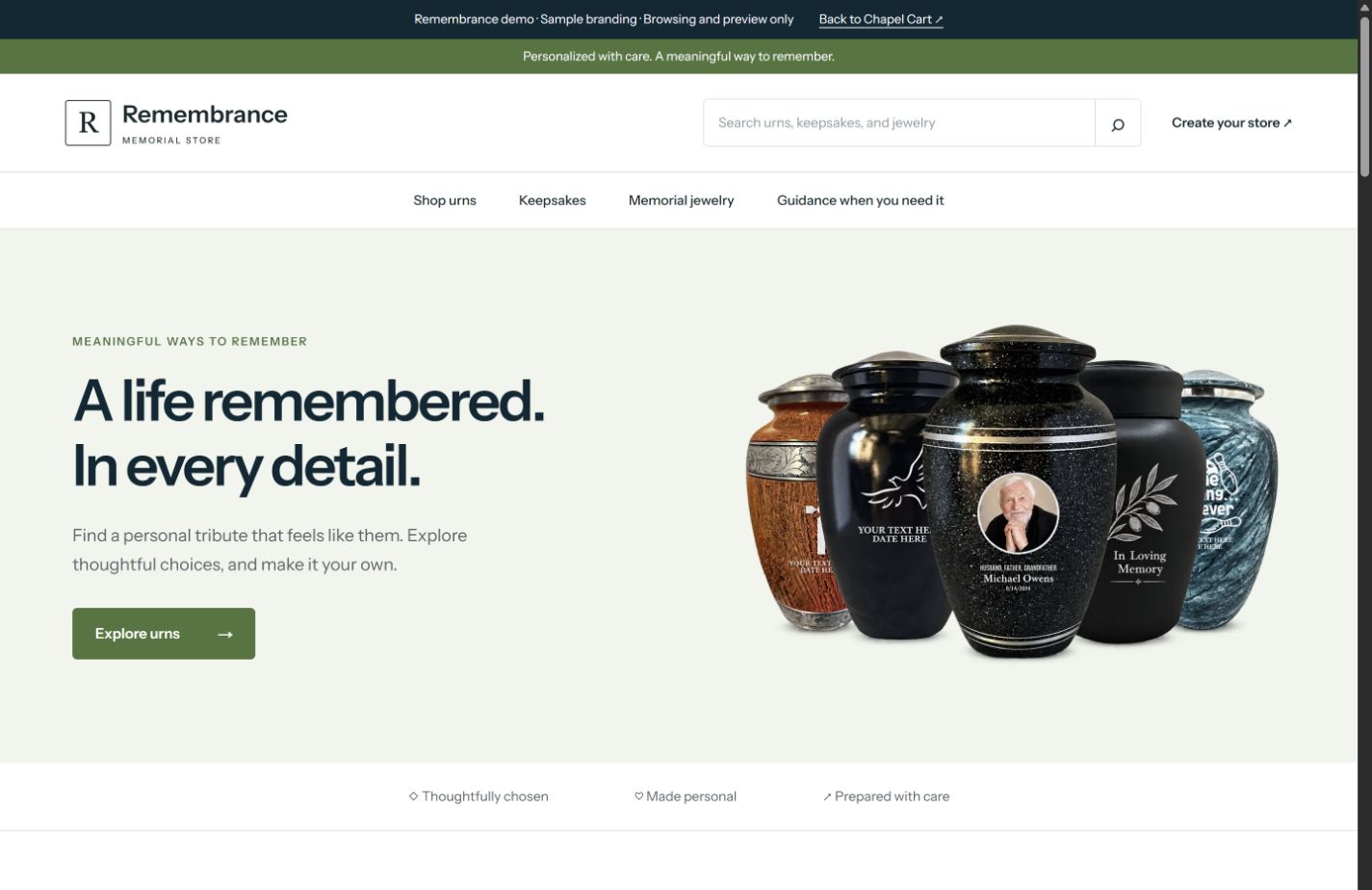 The default Remembrance store with its clean white layout, green accents, product navigation, and personalized memorial urns